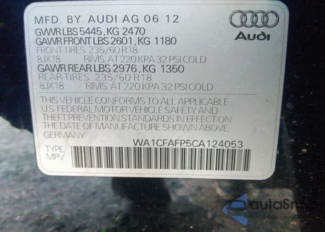 2012 Audi Q5 2.0T Premium из США, поврежденный, VIN WA1CFAFP5CA124053